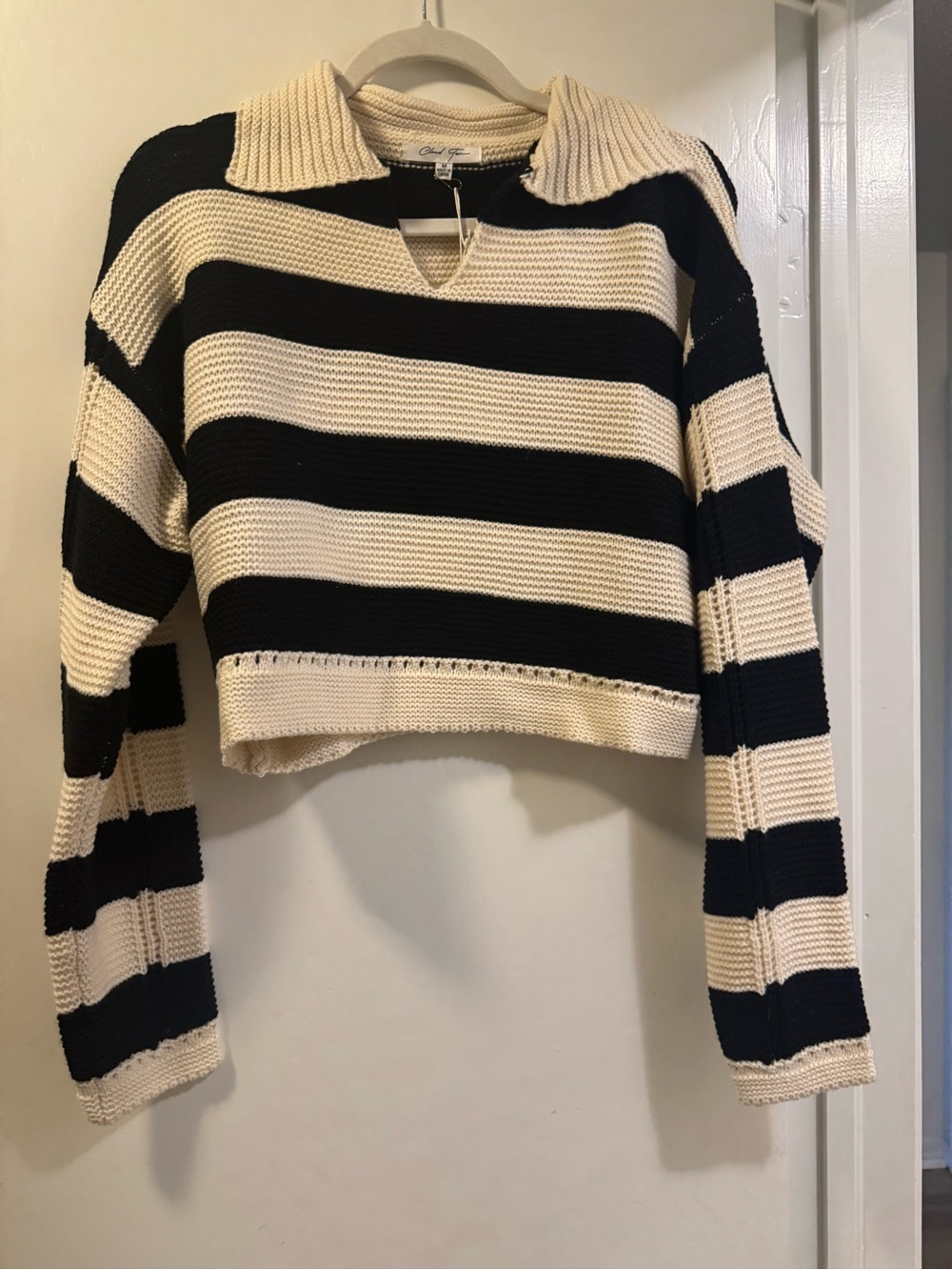 Cropped Striped Polo Sweater - Black & Cream